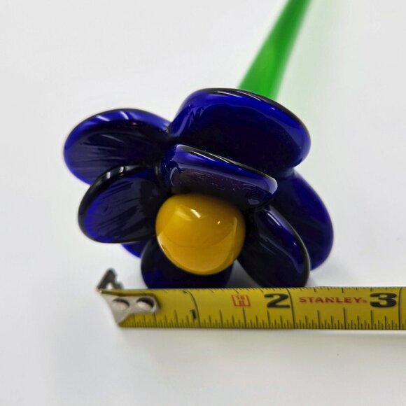 Art Glass Flower Hand Blown Dark Blue Yellow Long Green Stem Flower With Leaf - Picture 12 of 16